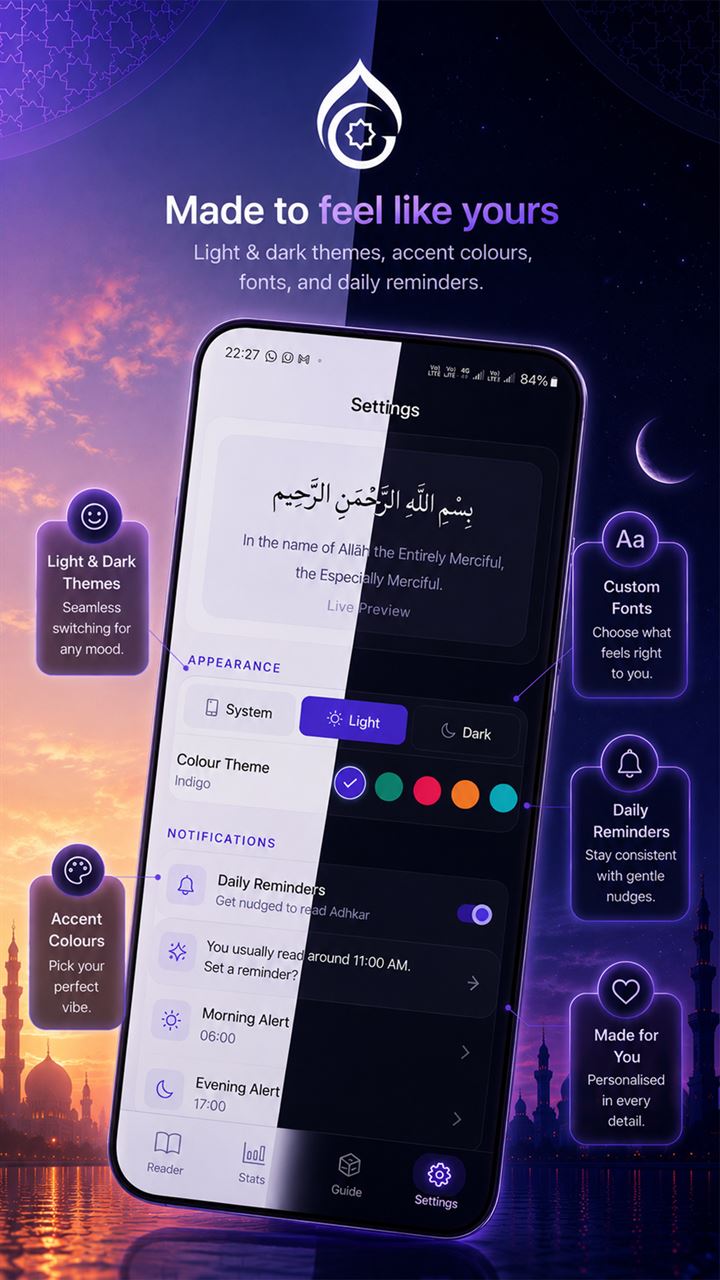 Settings — light and dark themes, accent colours and fonts